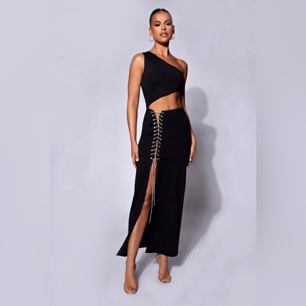 Meshki cutout one shoulder dress with rhinestone rope detail